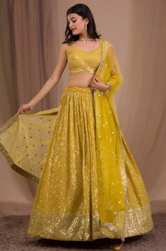 yellow georgette embroidered traditional lehenga choli
