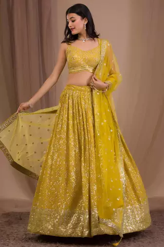 yellow georgette embroidered traditional lehenga choli