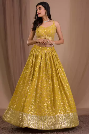 yellow georgette embroidered traditional lehenga choli