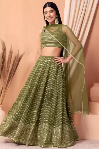 olive georgette embroidered traditional lehenga choli