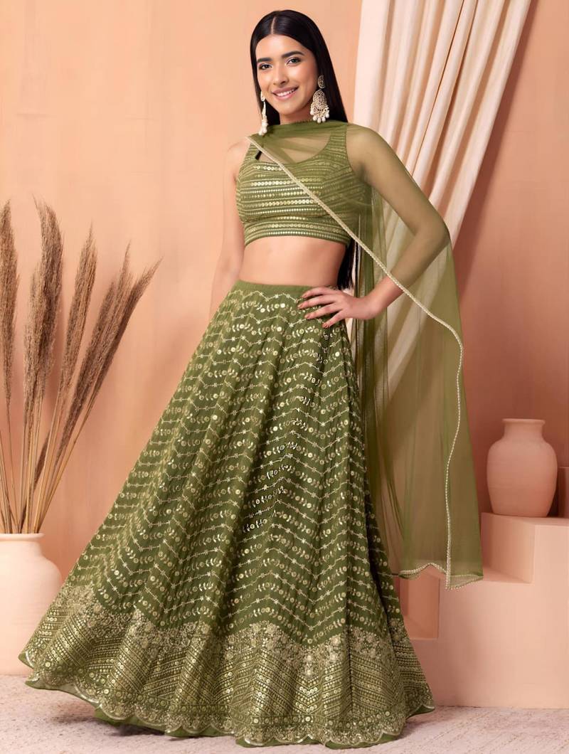 olive georgette embroidered traditional lehenga choli