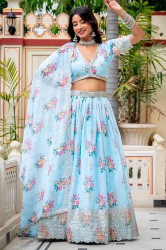 sky blue georgette printed traditional lehenga choli