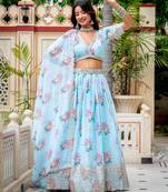 sky blue georgette printed traditional lehenga choli