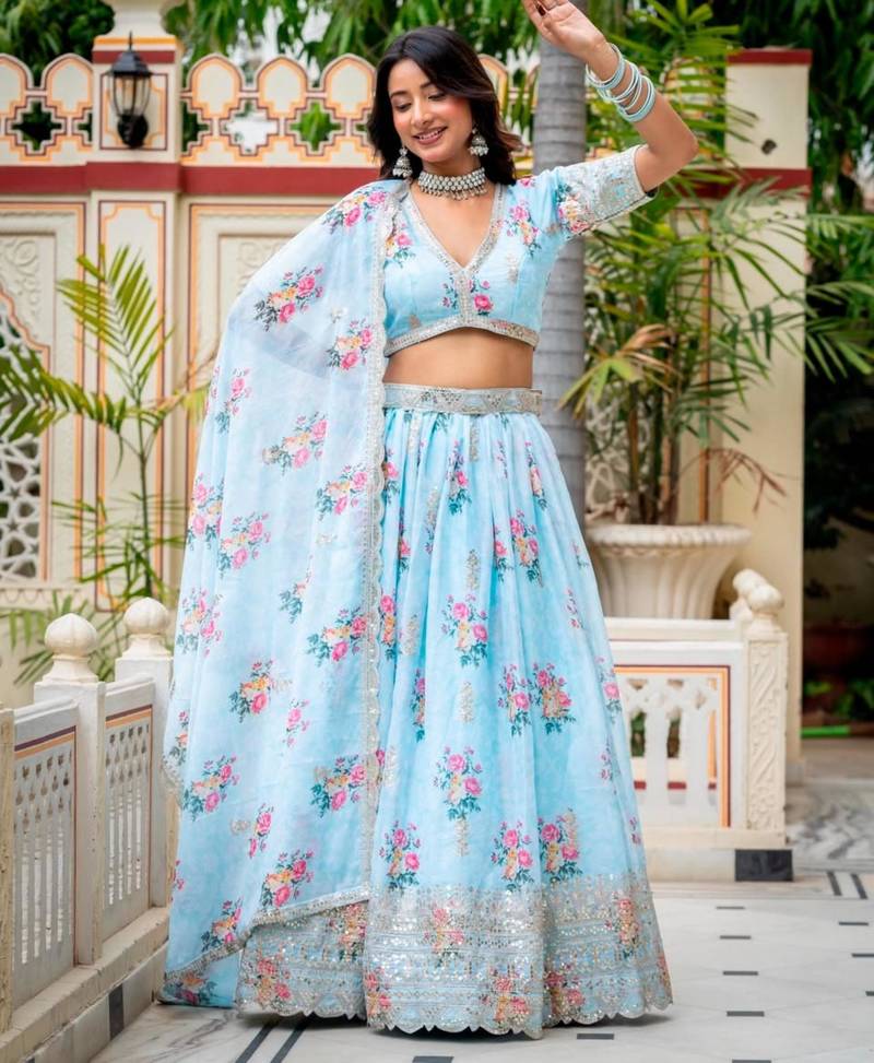 sky blue georgette printed traditional lehenga choli