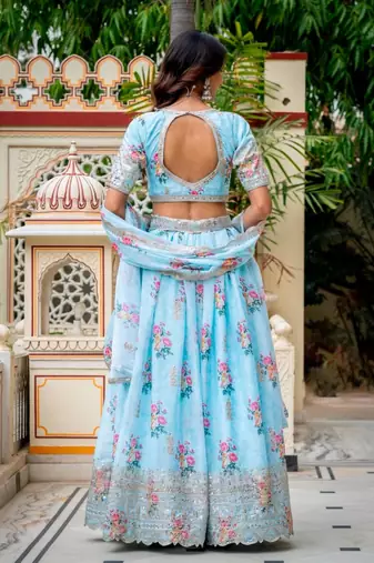 sky blue georgette printed traditional lehenga choli