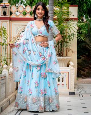 sky blue georgette printed traditional lehenga choli 3