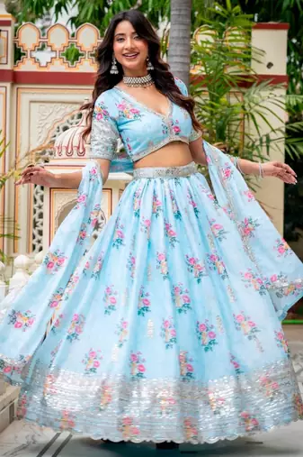 sky blue georgette printed traditional lehenga choli