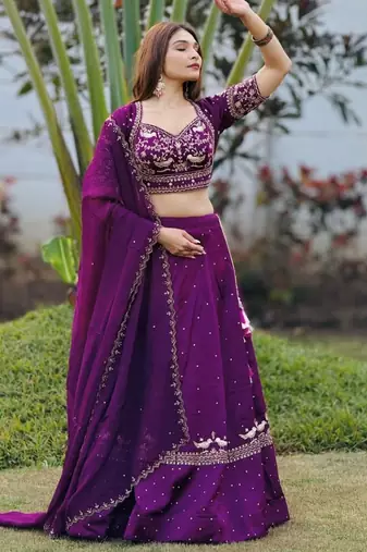 purple silk blend embroidered traditional lehenga choli with free size upto 42