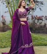 purple silk blend embroidered traditional lehenga choli with free size upto 42