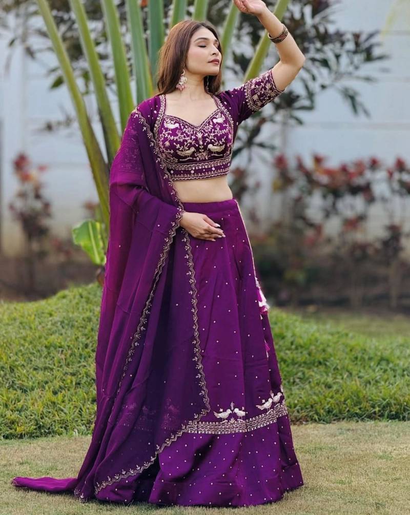 purple silk blend embroidered traditional lehenga choli with free size upto 42