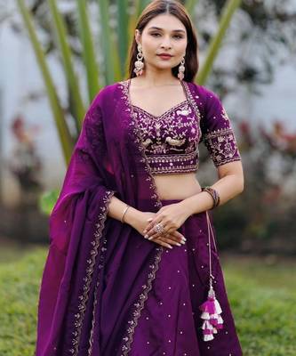 purple silk blend embroidered traditional lehenga choli with free size upto 42 2