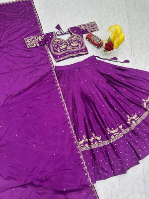 purple silk blend embroidered traditional lehenga choli with free size upto 42 3