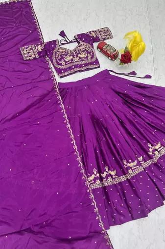 purple silk blend embroidered traditional lehenga choli with free size upto 42