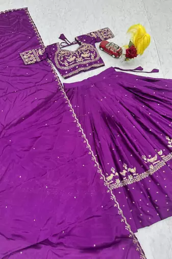 purple silk blend embroidered traditional lehenga choli with free size upto 42