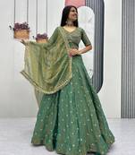 green silk blend embroidered traditional lehenga choli with free size upto 42