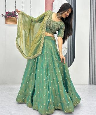 green silk blend embroidered traditional lehenga choli with free size upto 42 2