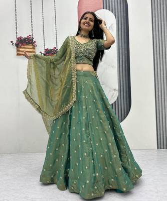 green silk blend embroidered traditional lehenga choli with free size upto 42 3