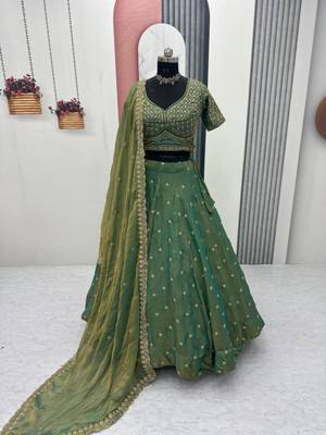 green silk blend embroidered traditional lehenga choli with free size upto 42 4