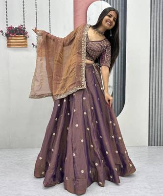 mauve silk blend embroidered traditional lehenga choli with free size upto 42 1