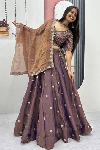 mauve silk blend embroidered traditional lehenga choli with free size upto 42