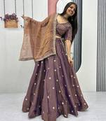 mauve silk blend embroidered traditional lehenga choli with free size upto 42