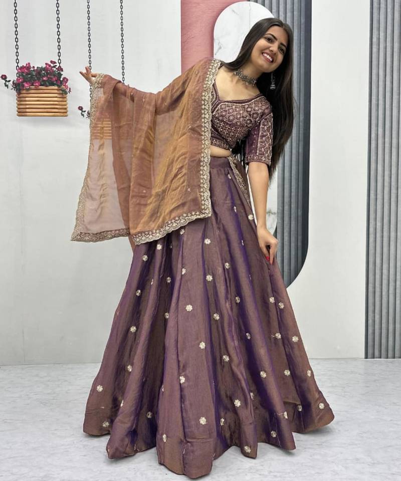 mauve silk blend embroidered traditional lehenga choli with free size upto 42