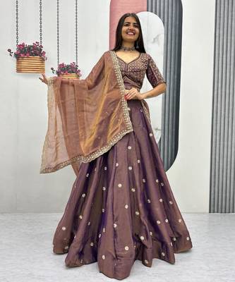 mauve silk blend embroidered traditional lehenga choli with free size upto 42 2