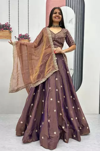 mauve silk blend embroidered traditional lehenga choli with free size upto 42