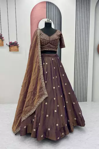 mauve silk blend embroidered traditional lehenga choli with free size upto 42