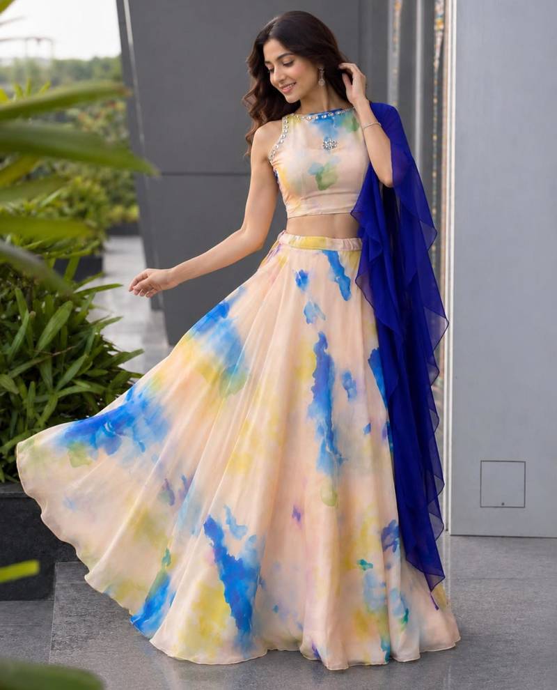 multicolor organza printed traditional lehenga choli with free size upto 42