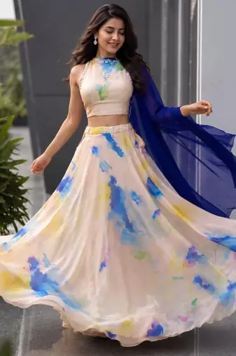 multicolor organza printed traditional lehenga choli with free size upto 42