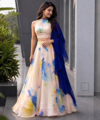 multicolor organza printed traditional lehenga choli with free size upto 42 3