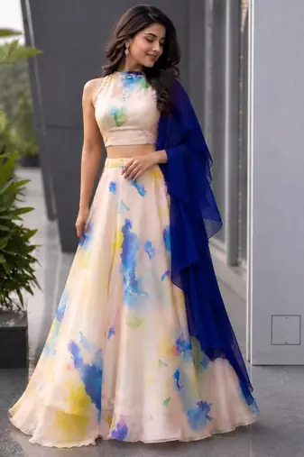 multicolor organza printed traditional lehenga choli with free size upto 42