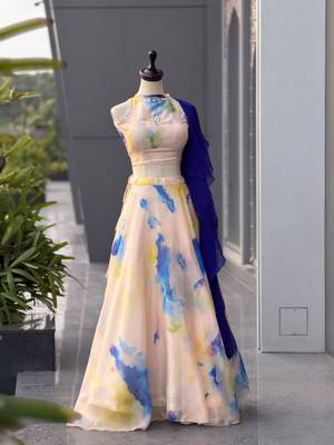 multicolor organza printed traditional lehenga choli with free size upto 42 4