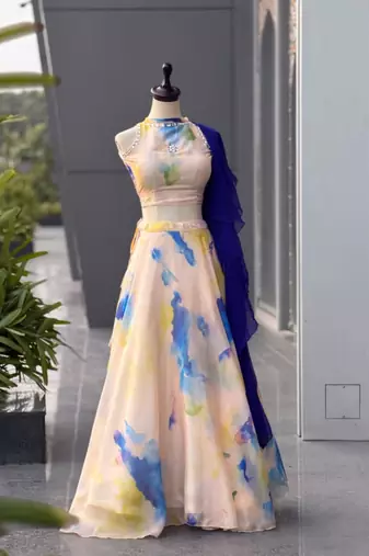 multicolor organza printed traditional lehenga choli with free size upto 42