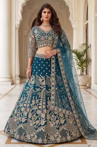 teal net embroidered traditional lehenga choli