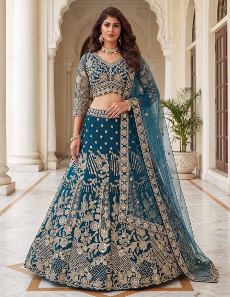 teal net embroidered traditional lehenga choli