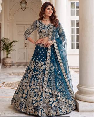 teal net embroidered traditional lehenga choli 2
