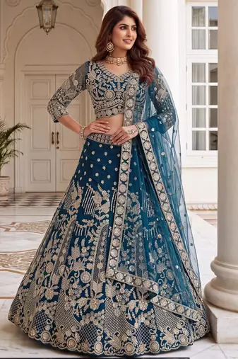 teal net embroidered traditional lehenga choli
