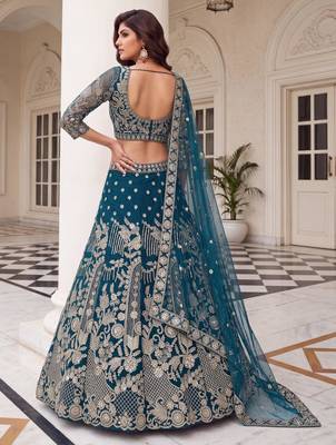 teal net embroidered traditional lehenga choli 3