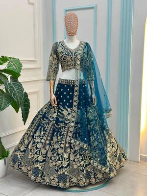 teal net embroidered traditional lehenga choli 4