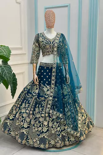 teal net embroidered traditional lehenga choli