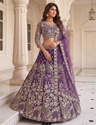 purple net embroidered traditional lehenga choli 1