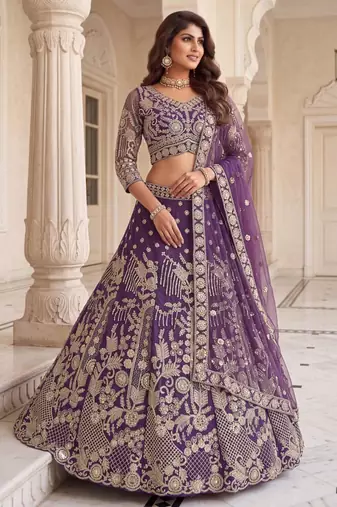 purple net embroidered traditional lehenga choli