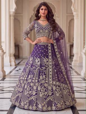 purple net embroidered traditional lehenga choli 2