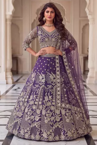 purple net embroidered traditional lehenga choli