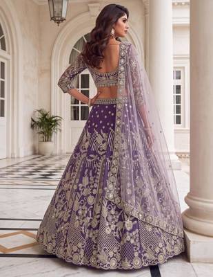 purple net embroidered traditional lehenga choli 3
