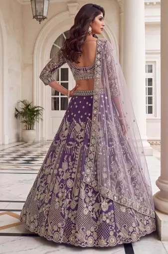 purple net embroidered traditional lehenga choli