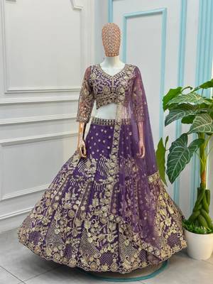 purple net embroidered traditional lehenga choli 4