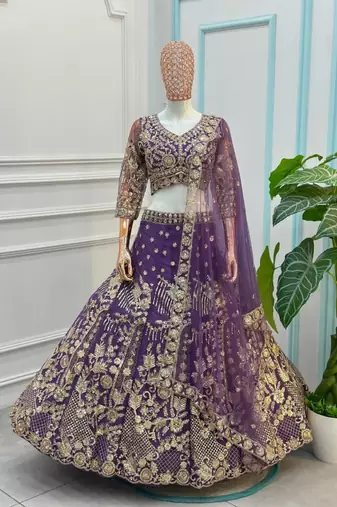 purple net embroidered traditional lehenga choli